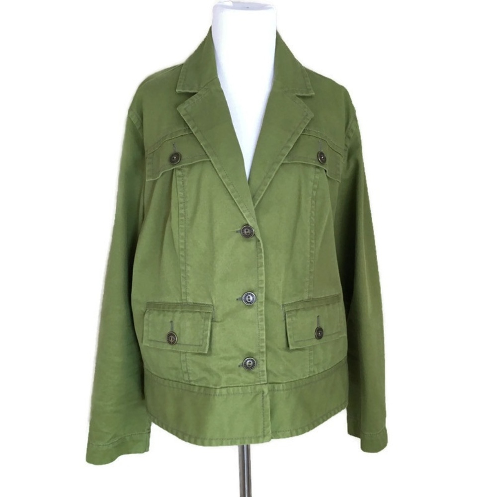 Chicos Sz 2 Large Denim Green Jacket Button up
